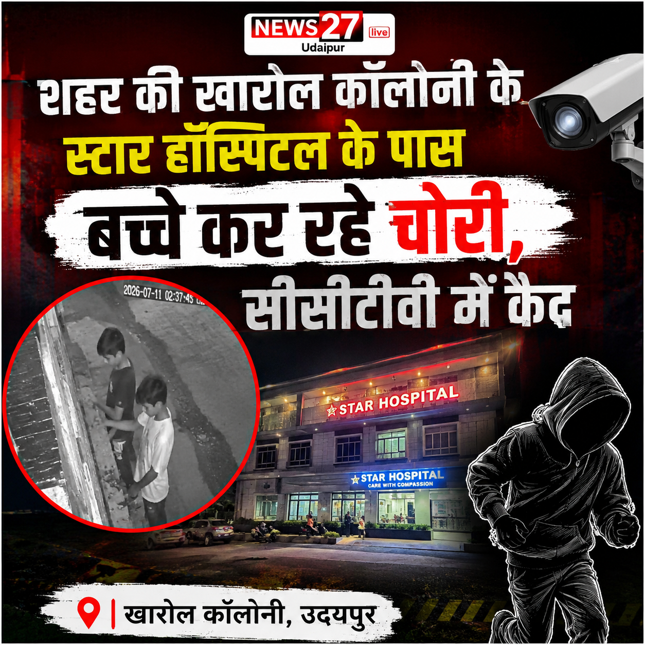 शहर की खारोल कॉलोनी के स्टार हॉस्पिटल के पास बच्चे कर रहे चोरी, सीसीटीवी में कैद